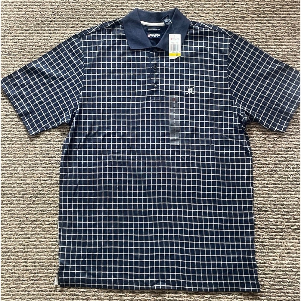 NWT Chaps Golf Navy Blue Polo 100% Mercerized Cotton Size Medium Checkered